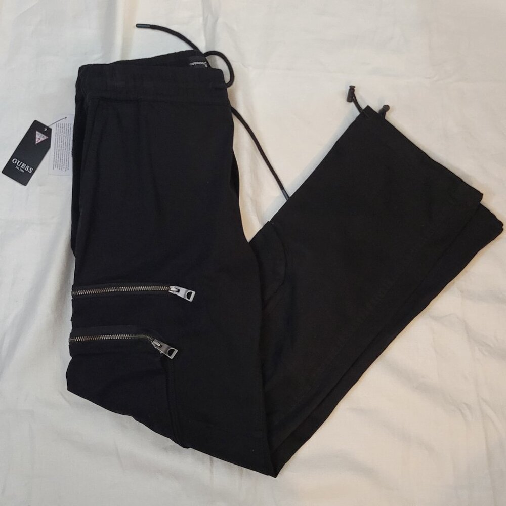 Guess Men's Black Cotton Twill Drawstring Cargo Pants with Zip Pockets - Unisex